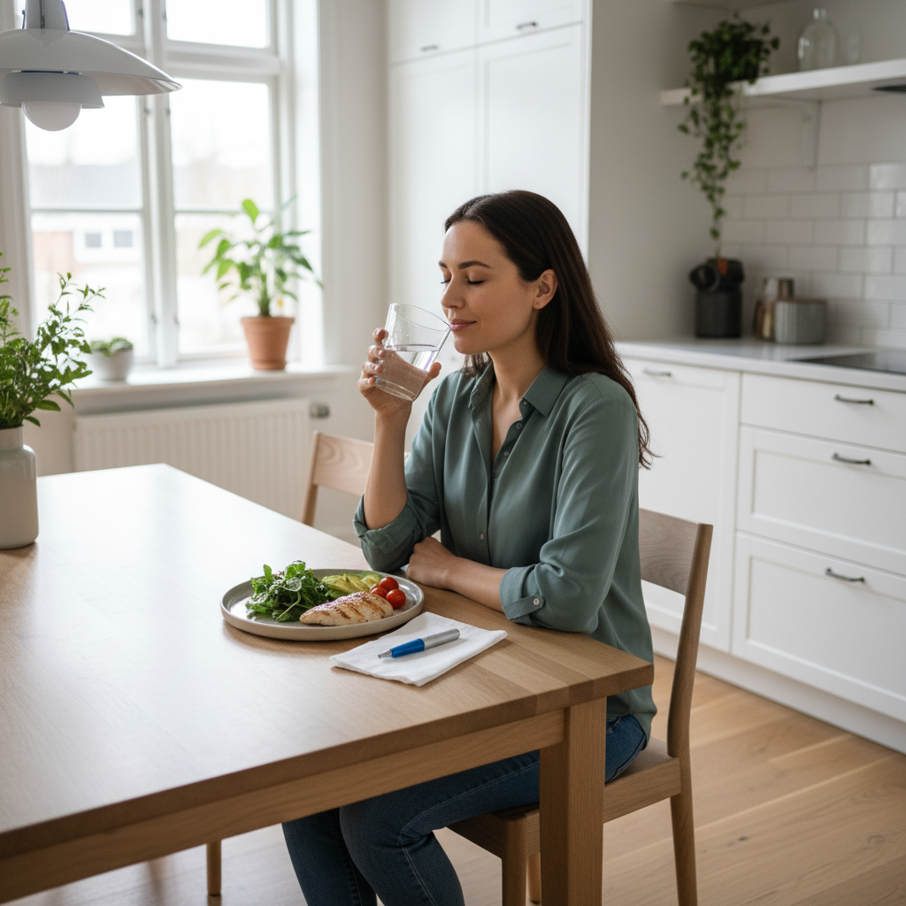 Femme ressentant la satiete sous tirzepatide avec un repas reduit