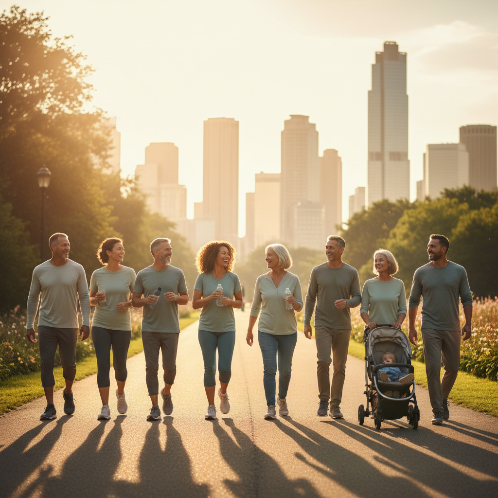 Personnes marchant ensemble dans un parc - traitement anti-obesite Mounjaro