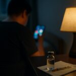 Dangers des peptides : fiole sans étiquette et seringue posées près d'une personne sur son smartphone la nuit