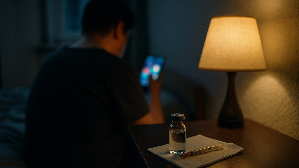 Dangers des peptides : fiole sans étiquette et seringue posées près d'une personne sur son smartphone la nuit