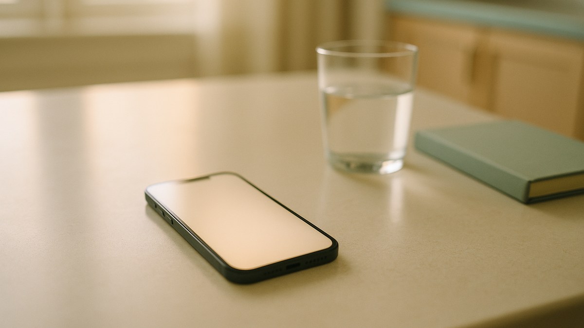 Un smartphone posé sur un plan de cuisine clair à côté d'un verre d'eau et d'un carnet : le suivi quotidien