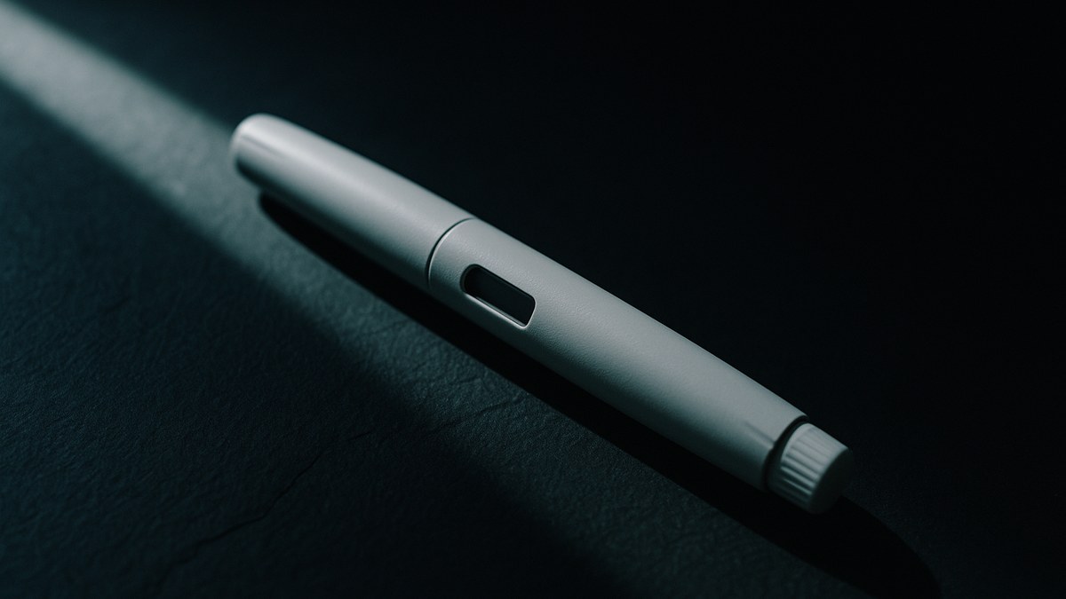 Un stylo injecteur isolé sous un faisceau étroit : la dose de 5 mg en question