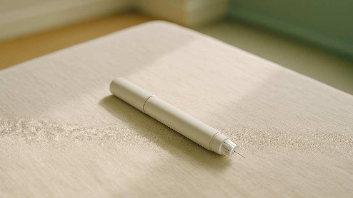 Un stylo injecteur posé à plat sur un plan clair en lumière du matin : la dose de 5 mg