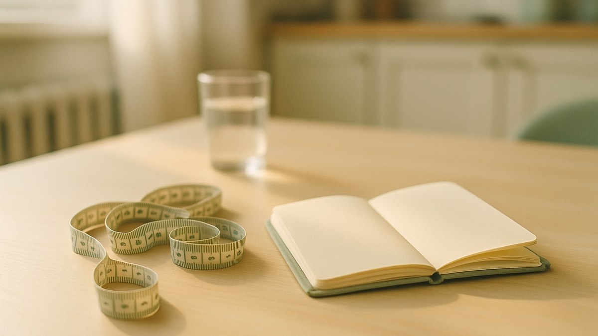 Un mètre ruban souple et un carnet ouvert sur une table lumineuse : le suivi des progrès à six mois