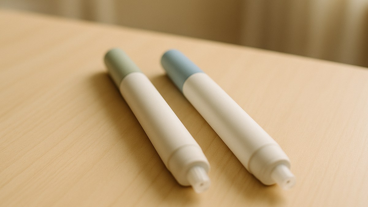 Deux stylos injecteurs côte à côte sur une table claire, également éclairés : comparaison Mounjaro et Wegovy
