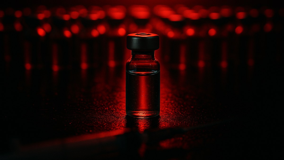 Fioles de peptides sans étiquette et seringue dans la pénombre : le marché gris des produits amaigrissants