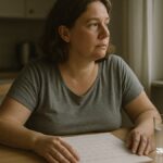 Femme assise à une table de cuisine près d’un calendrier, l’air songeur, dans la lumière du matin