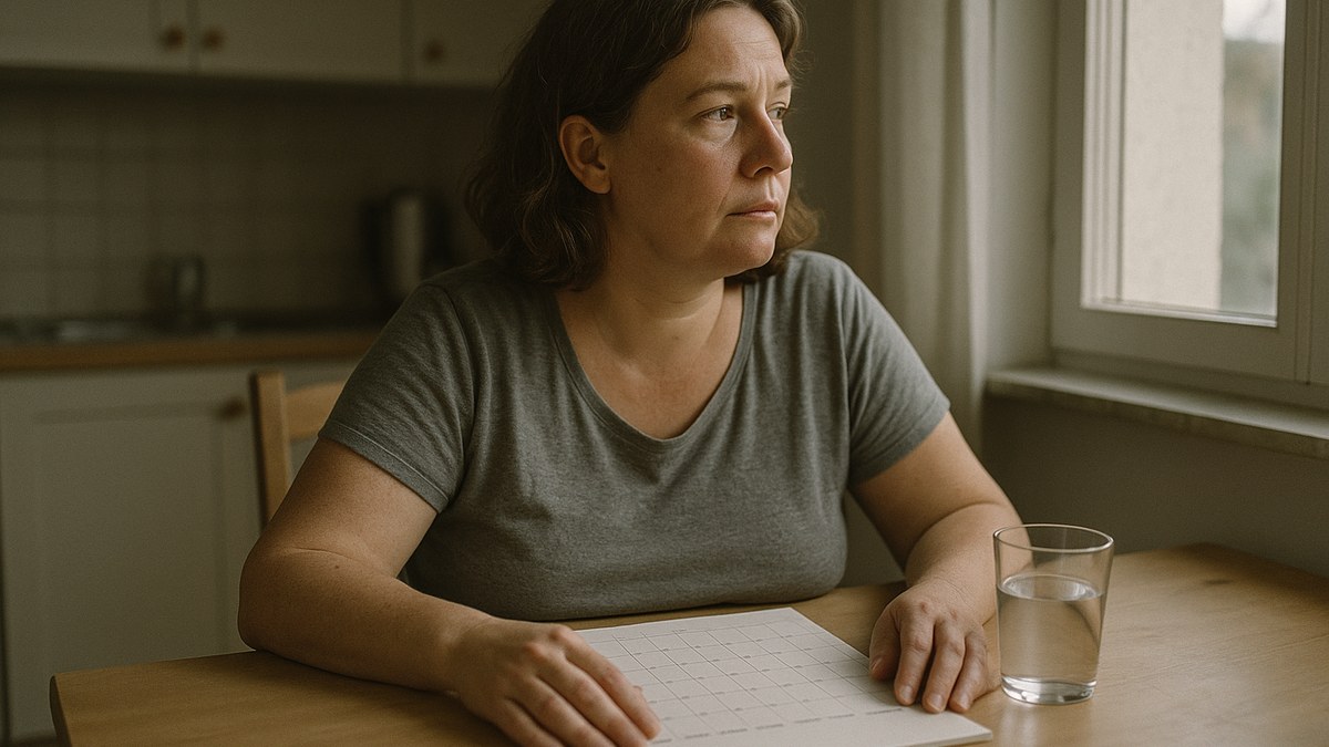 Femme assise à une table de cuisine près d’un calendrier, l’air songeur, dans la lumière du matin