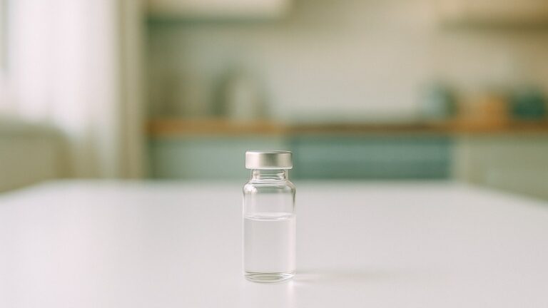 Une fiole de verre propre sur une surface claire en pleine lumière du jour : le retatrutide encore à l'essai