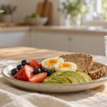 Assiette de petit-déjeuner simple et équilibré sur une table de cuisine en bois clair, dans une lumière douce de matin
