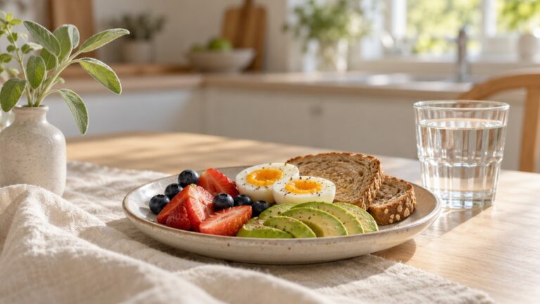 Assiette de petit-déjeuner simple et équilibré sur une table de cuisine en bois clair, dans une lumière douce de matin