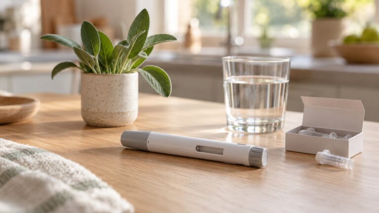 Stylo injecteur prérempli posé sur une table en bois clair, à côté d’un verre d’eau et d’une branche de sauge, illustrant les dosages du Mounjaro