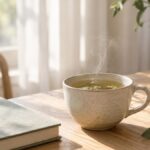 Une tasse de tisane et un carnet fermé sur une table en bois clair près d’une fenêtre lumineuse : Mounjaro et ménopause