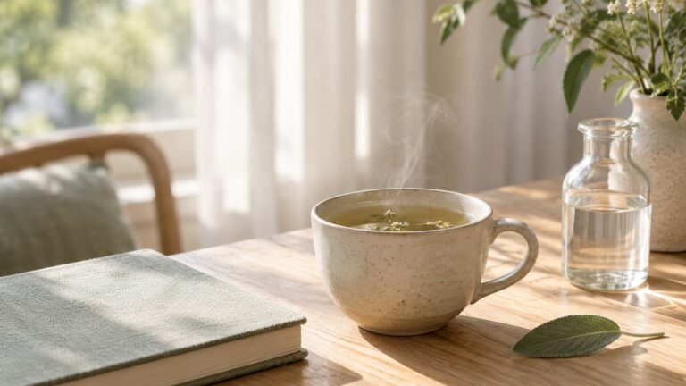 Une tasse de tisane et un carnet fermé sur une table en bois clair près d’une fenêtre lumineuse : Mounjaro et ménopause