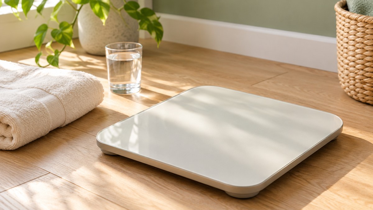 Pèse-personne posé sur un parquet clair à côté d’une serviette crème et d’un verre d’eau, lumière du matin