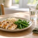 Un verre d’eau et une petite assiette de repas léger sur une table en bois clair : habitudes à adopter pour limiter le reflux sous Mounjaro