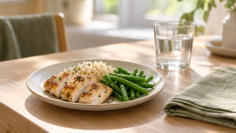 Un verre d’eau et une petite assiette de repas léger sur une table en bois clair : habitudes à adopter pour limiter le reflux sous Mounjaro