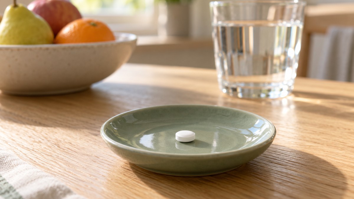 Un comprimé blanc posé sur une soucoupe verte sur une table en bois clair, à côté d’un verre d’eau : l’orforglipron se prend sans contrainte de repas