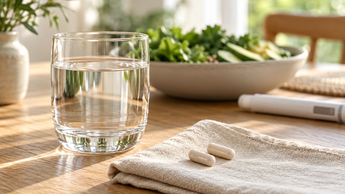 Un verre d’eau et deux gélules sans marque sur une serviette en lin, sur une table en bois clair, pour comparer Xenical (orlistat) et Mounjaro